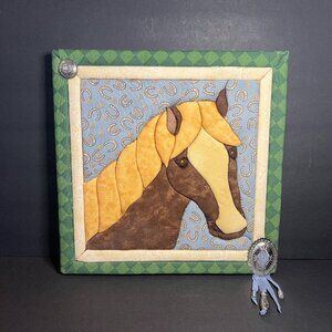Vintage Handmade Quilted Horse & Horseshoe Square Foamboard Fabric Art 11.75"